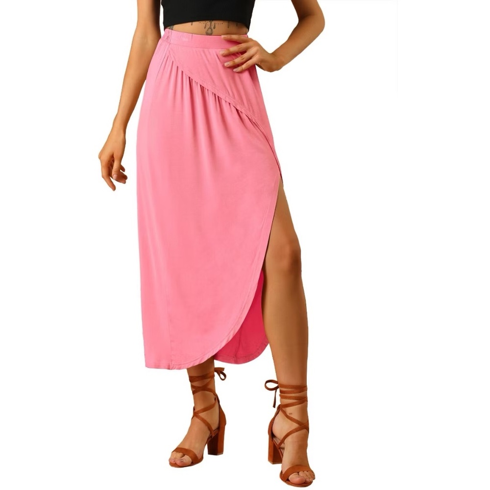 Allegra K Women's Split Ruched High-Waist Maxi Skirt in Pink. Size S. NWT!